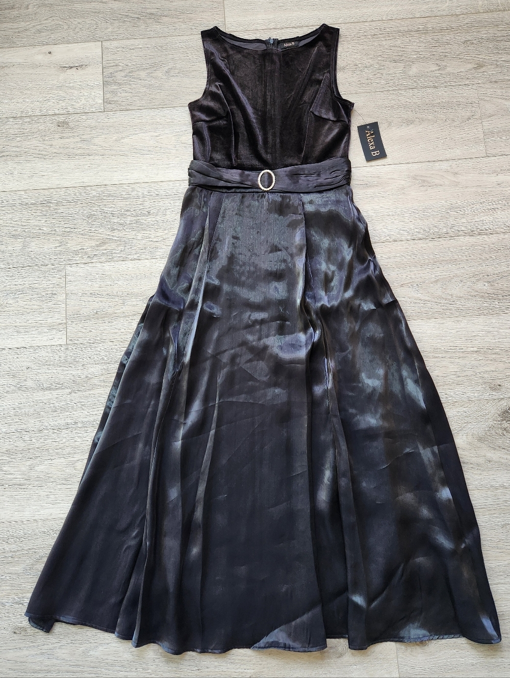 Alexa B Black Satin A-Line Belted Evening Dress Sleeveless Womens 6 Nwt
